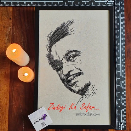Framed Kishore Kumar embroidered wall art — 17.3x11.3 inch machine embroidery handcrafted in India by Embroidist