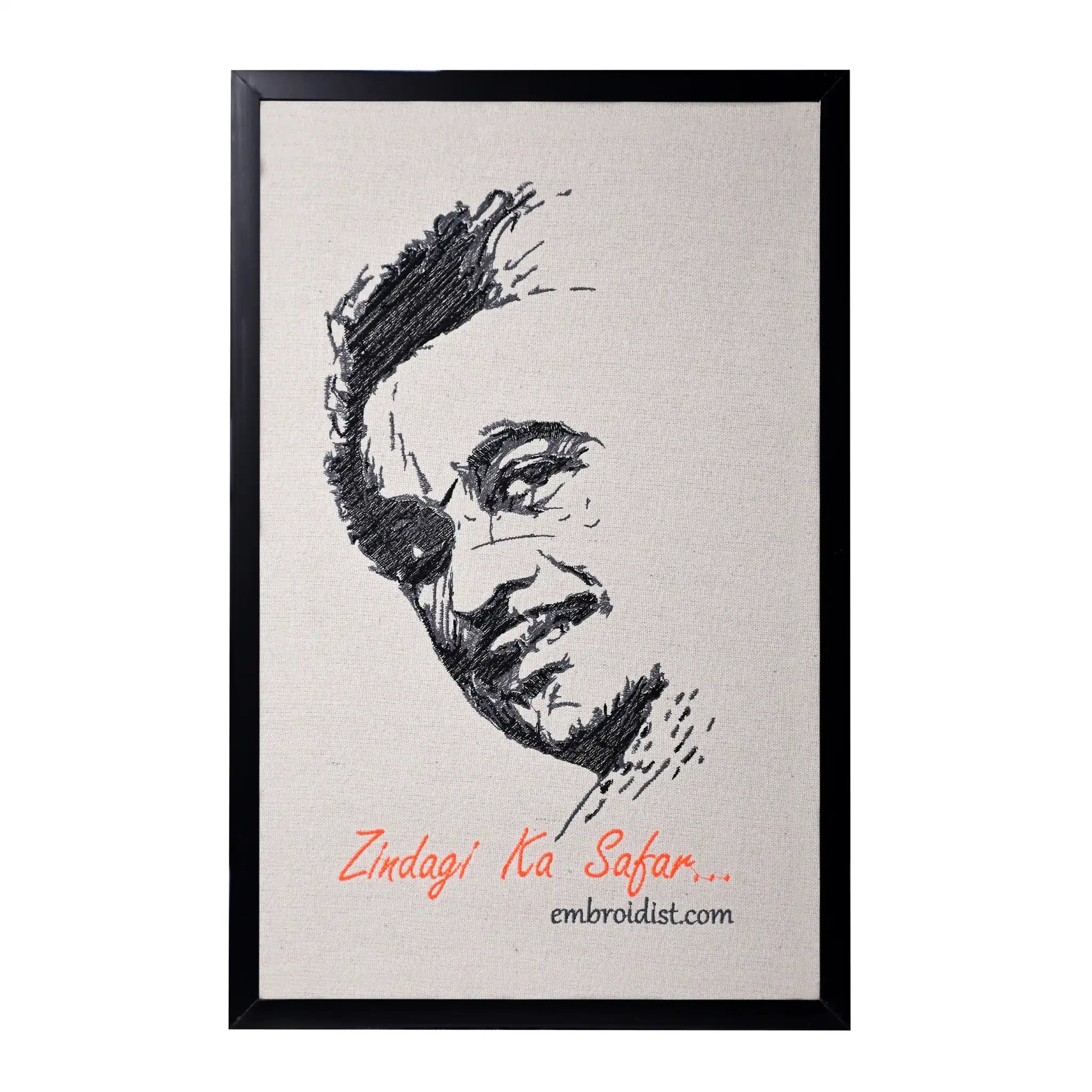 Machine embroidered Kishore Kumar portrait wall art — 36,241 stitches on canvas by Embroidist