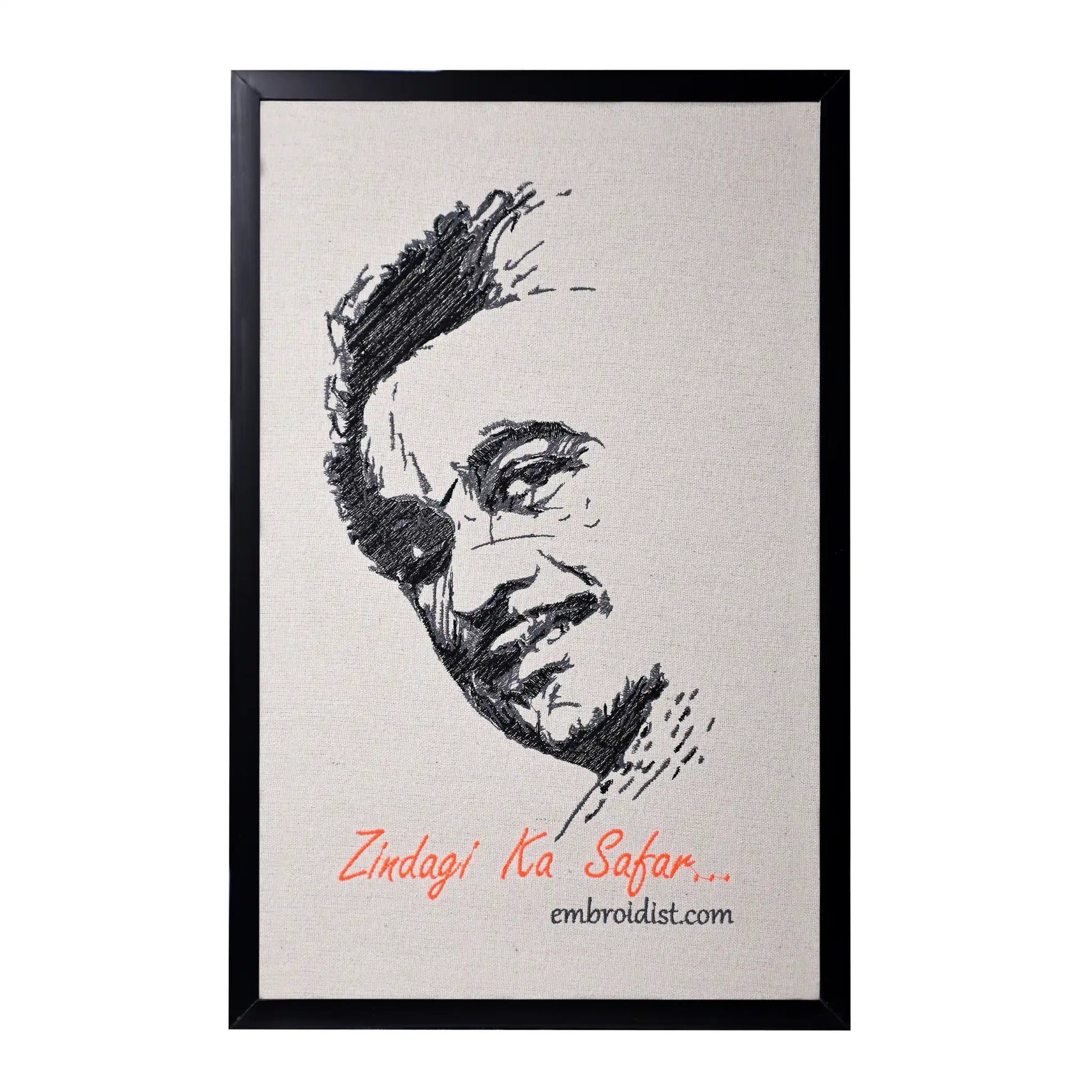Machine embroidered Kishore Kumar portrait wall art — 36,241 stitches on canvas by Embroidist