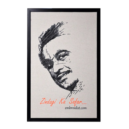 Machine embroidered Kishore Kumar portrait wall art — 36,241 stitches on canvas by Embroidist