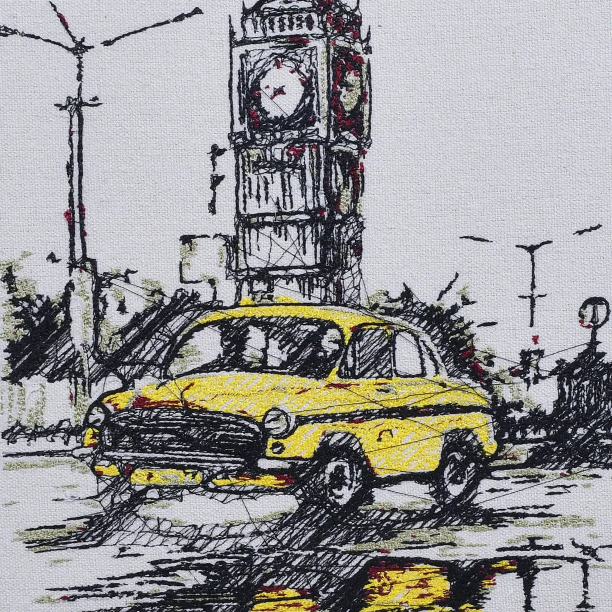 Close up of Kolkata cityscape thread embroidery detail — City of Joy wall art by Embroidist
