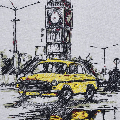 Close up of Kolkata cityscape thread embroidery detail — City of Joy wall art by Embroidist