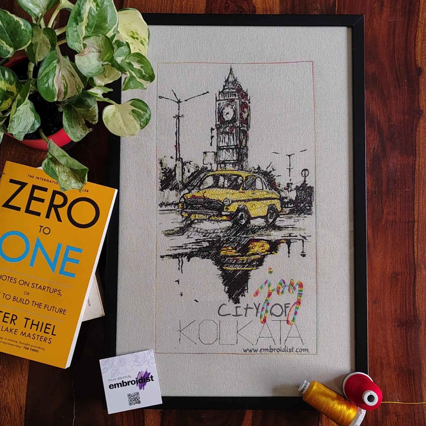 City of Joy Kolkata embroidered wall art lifestyle image — framed art in home setting by Embroidist
