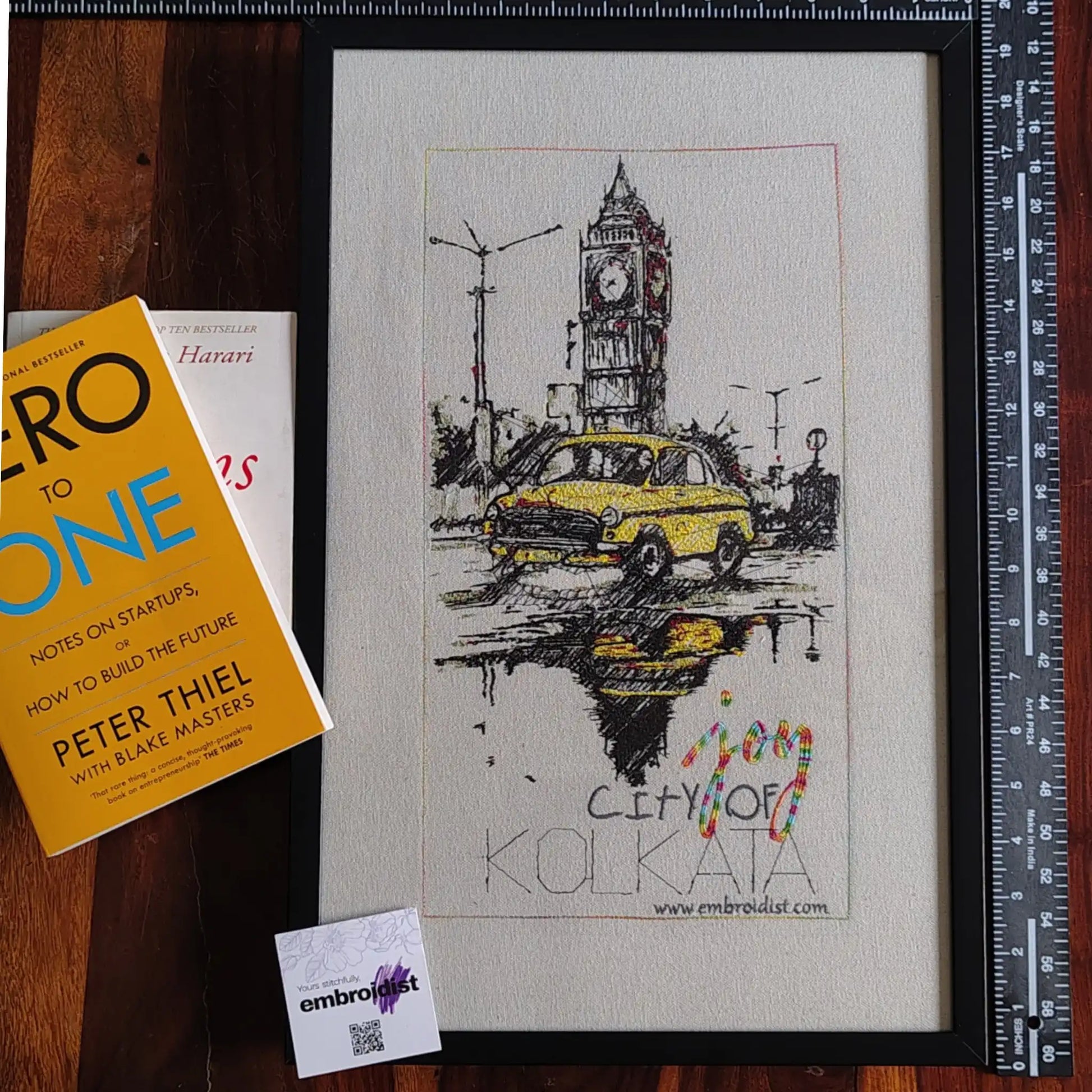 Framed Kolkata embroidered wall art — 18.9x12.3 inch machine embroidery handcrafted in India by Embroidist