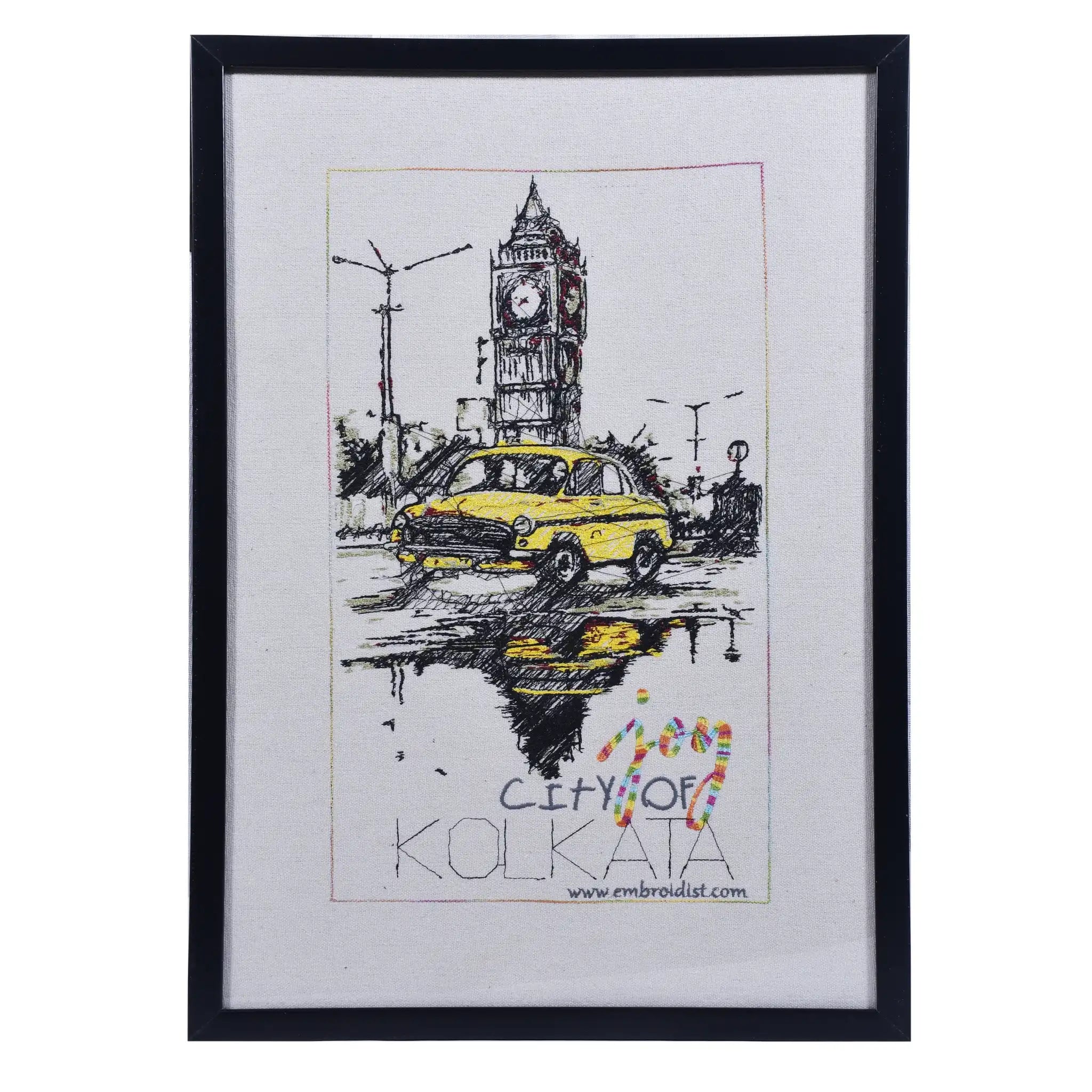 Machine embroidered Kolkata city wall art — 70,894 stitches on canvas by Embroidist