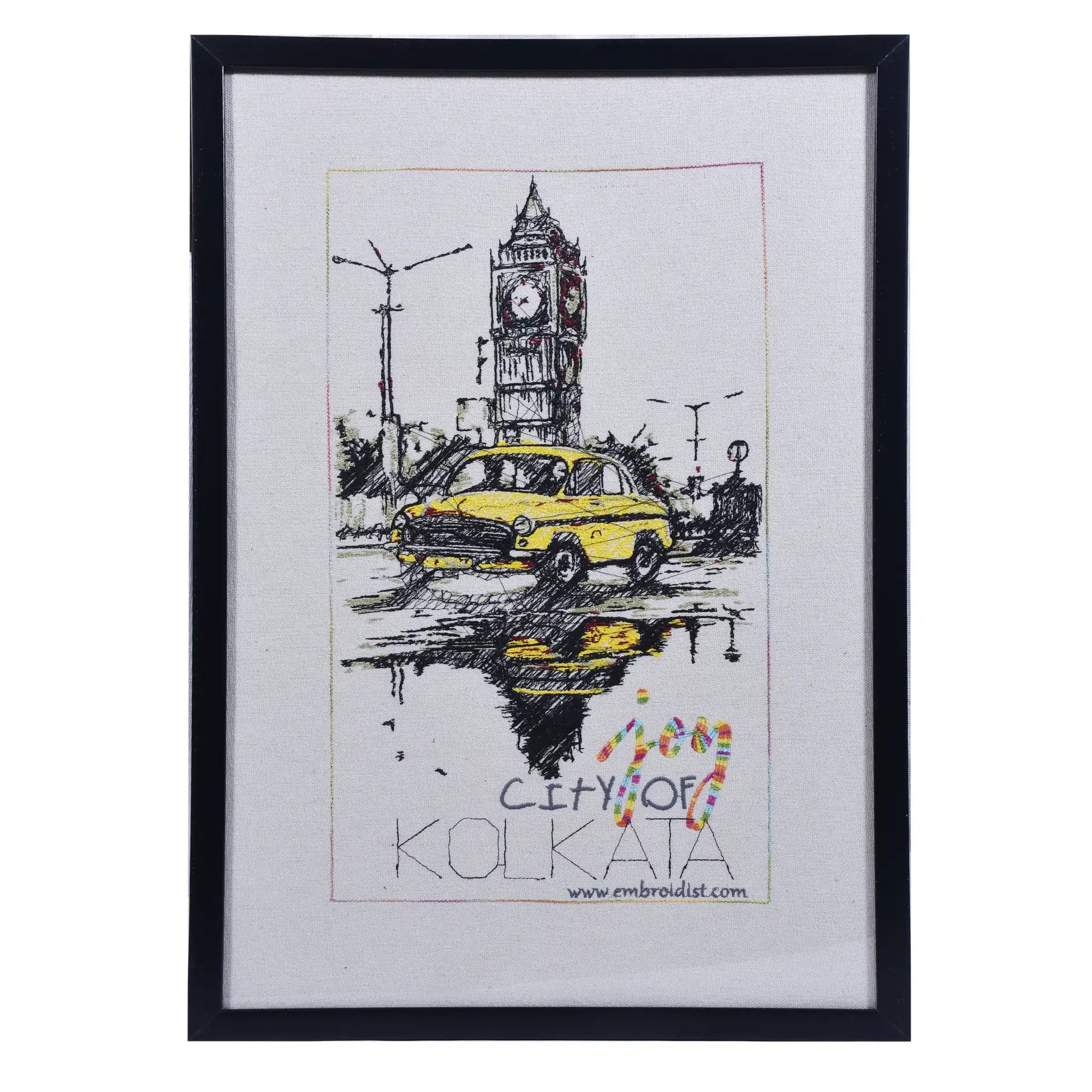 Machine embroidered Kolkata city wall art — 70,894 stitches on canvas by Embroidist