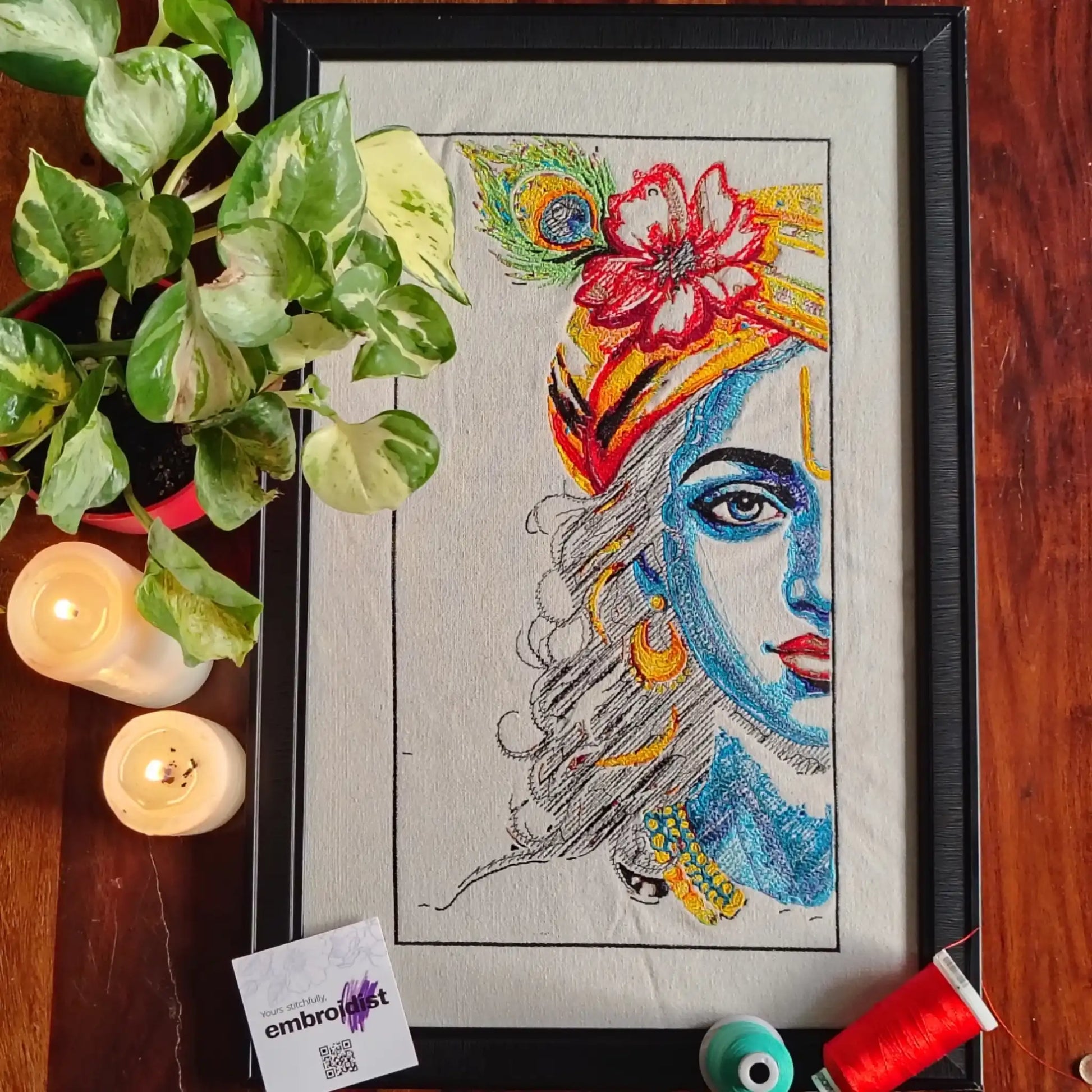 Krishna half face embroidered wall art lifestyle image — framed art in home setting by Embroidist