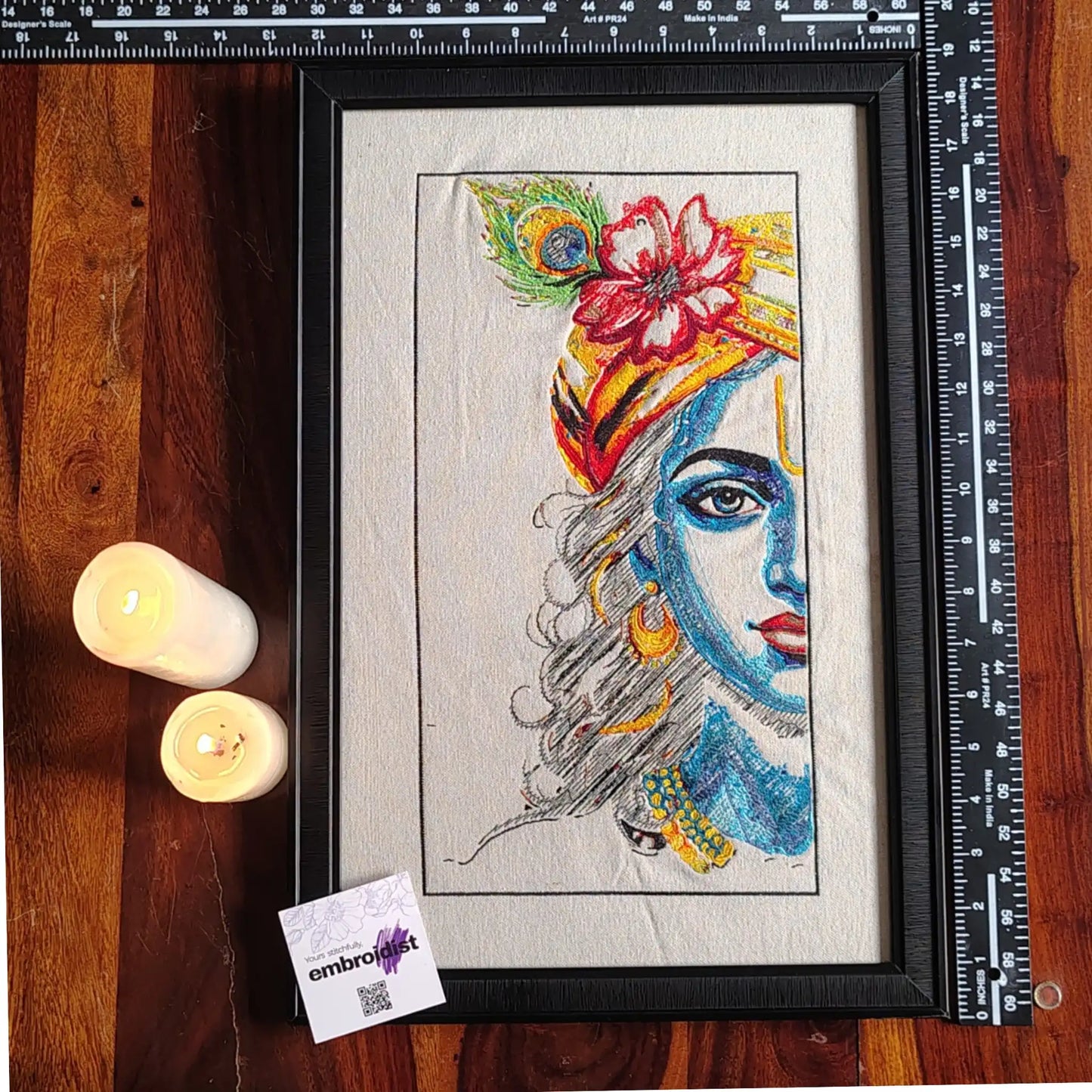 Framed Krishna half face embroidered wall art — 18.5x12.3 inch machine embroidery handcrafted in India by Embroidist