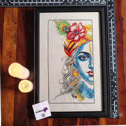 Framed Krishna half face embroidered wall art — 18.5x12.3 inch machine embroidery handcrafted in India by Embroidist