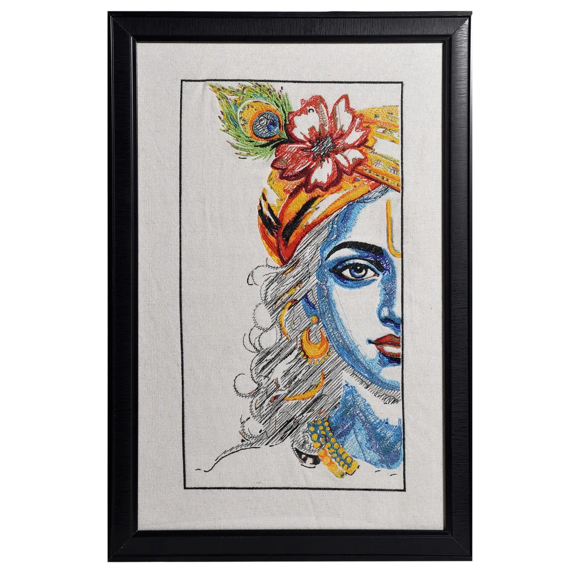 Machine embroidered Krishna half face wall art — 50,472 stitches on canvas by Embroidist