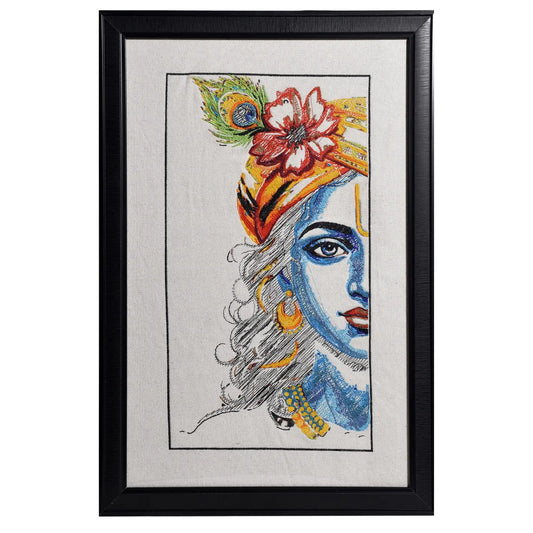 Machine embroidered Krishna half face wall art — 50,472 stitches on canvas by Embroidist
