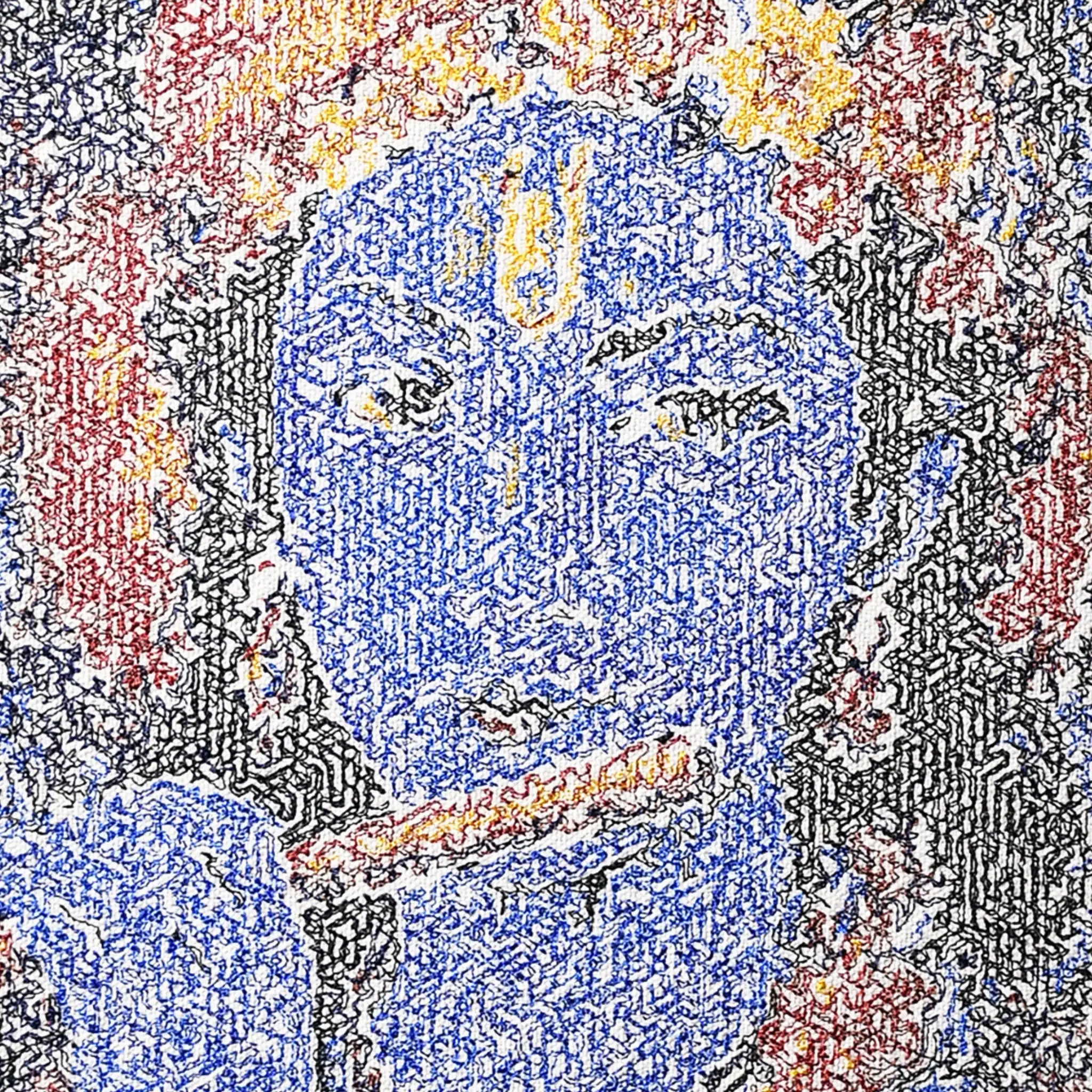 Close up of Lord Krishna thread embroidery portrait detail — spiritual wall art by Embroidist
