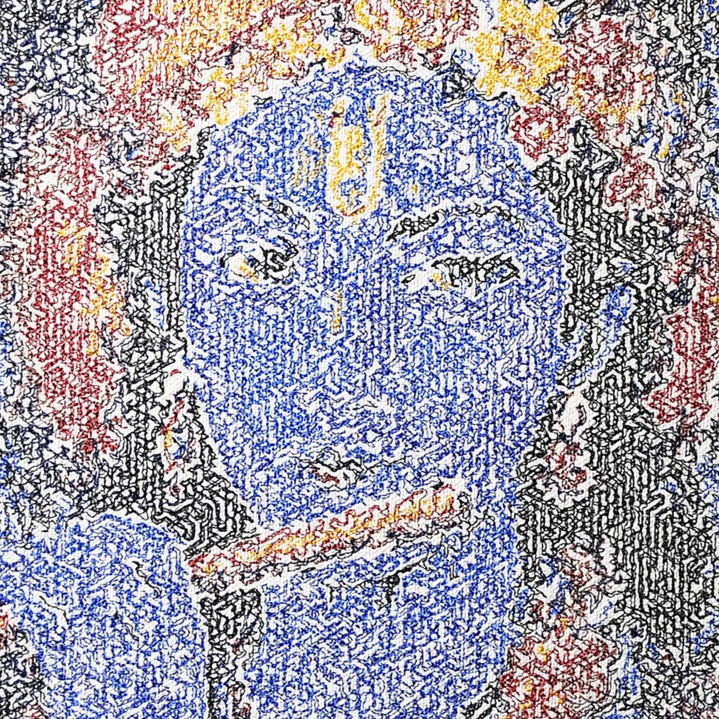Close up of Lord Krishna thread embroidery portrait detail — spiritual wall art by Embroidist