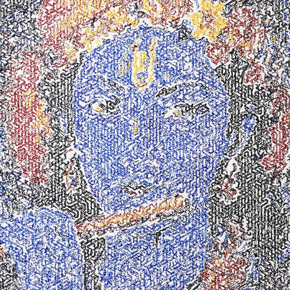 Close up of Lord Krishna thread embroidery portrait detail — spiritual wall art by Embroidist