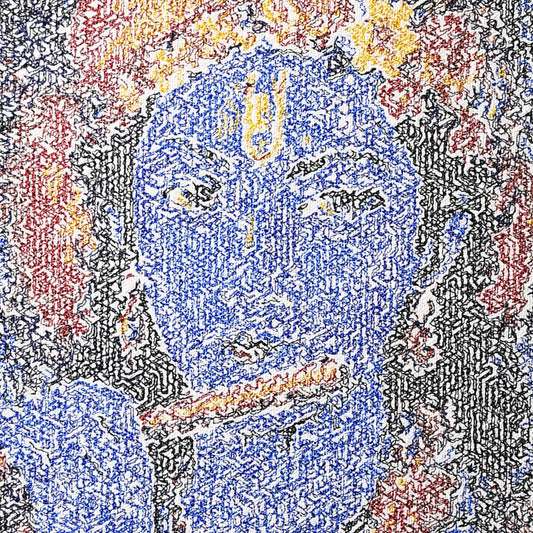 Close up of Lord Krishna thread embroidery portrait detail — spiritual wall art by Embroidist