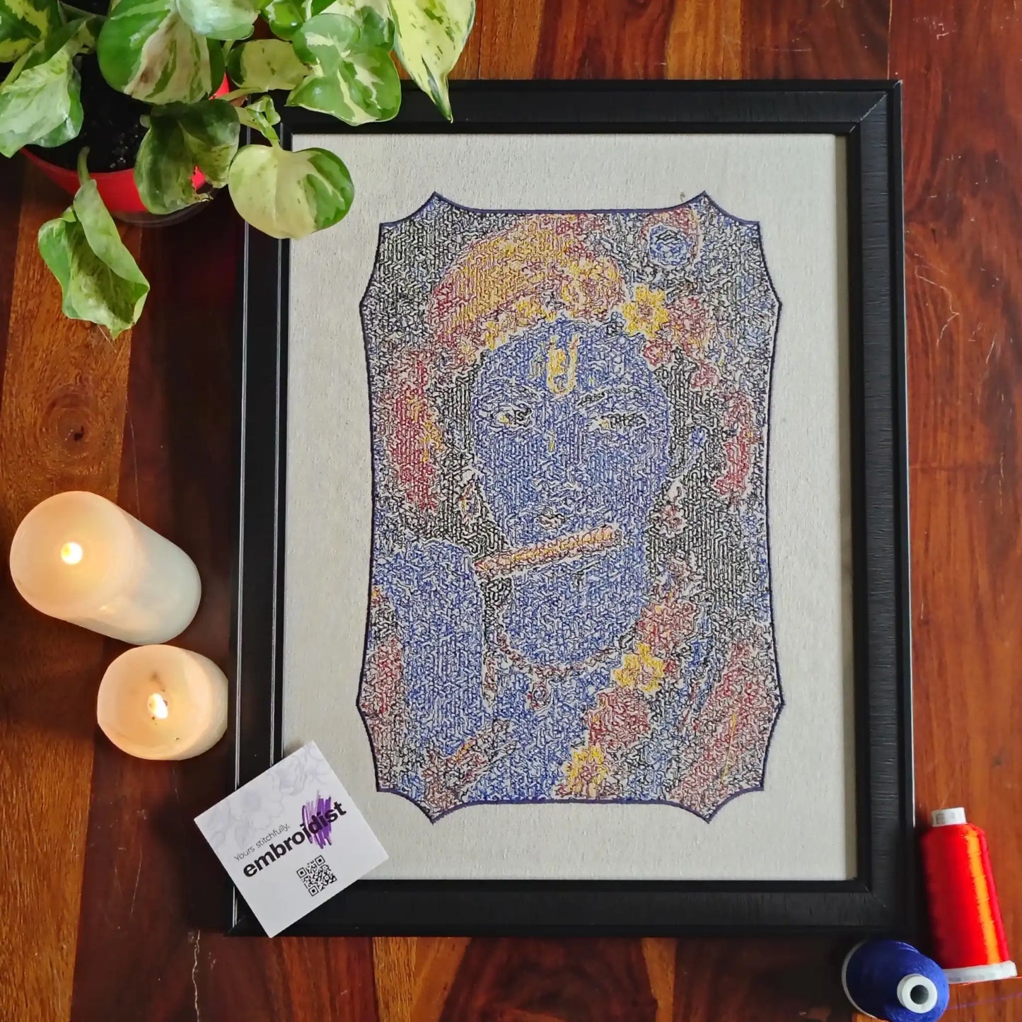 Krishna photostitch embroidered wall art lifestyle image — framed art in home setting by Embroidist