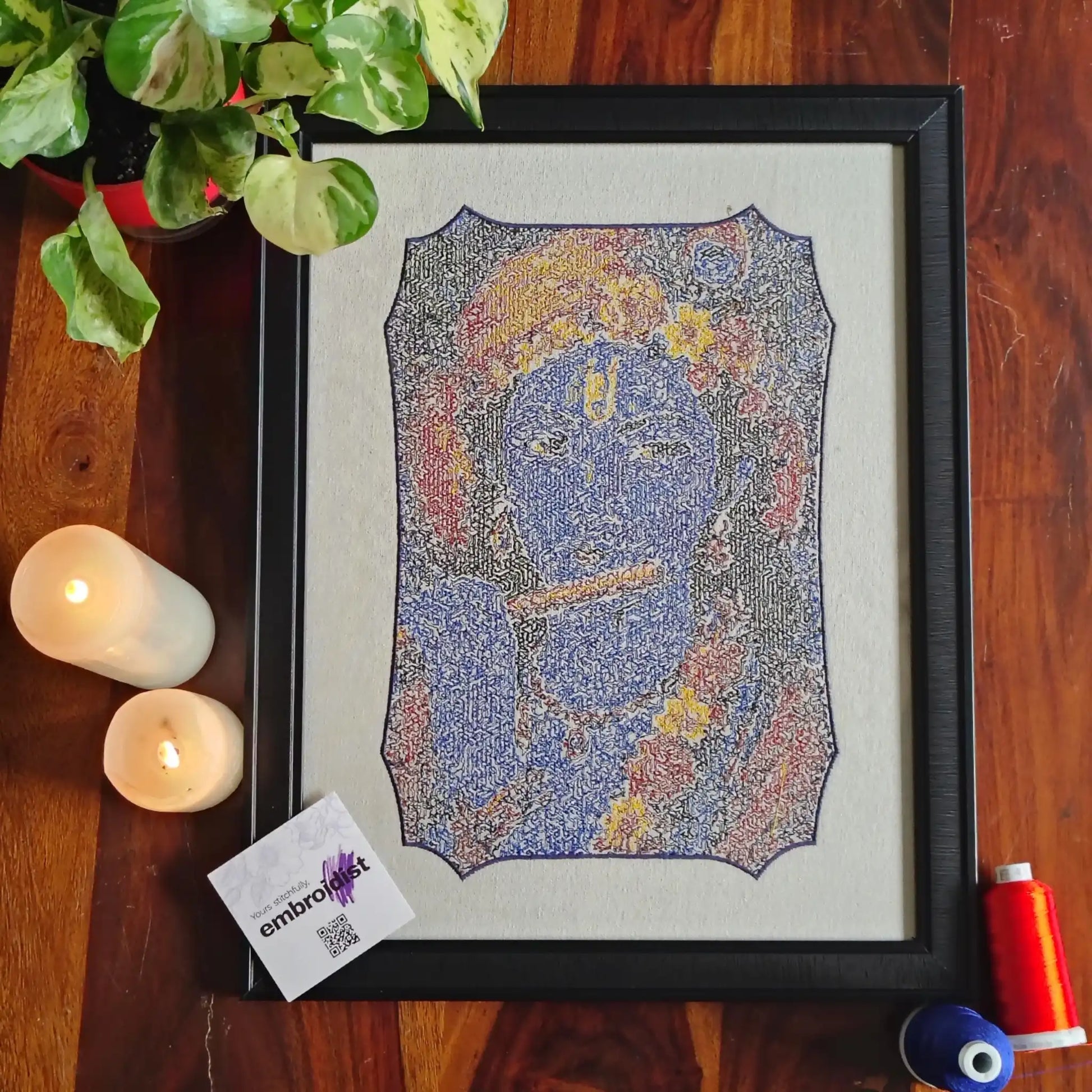 Krishna photostitch embroidered wall art lifestyle image — framed art in home setting by Embroidist