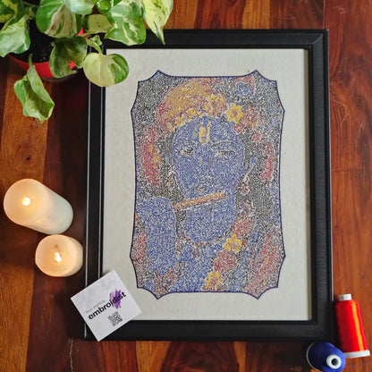 Krishna photostitch embroidered wall art lifestyle image — framed art in home setting by Embroidist