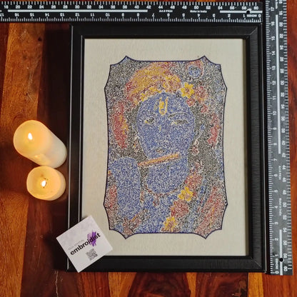 Framed Krishna photostitch embroidered wall art — 15.6x12.3 inch machine embroidery handcrafted in India by Embroidist
