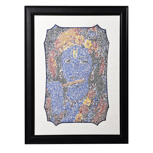 Machine embroidered Krishna photostitch wall art — 98,909 stitches on canvas by Embroidist