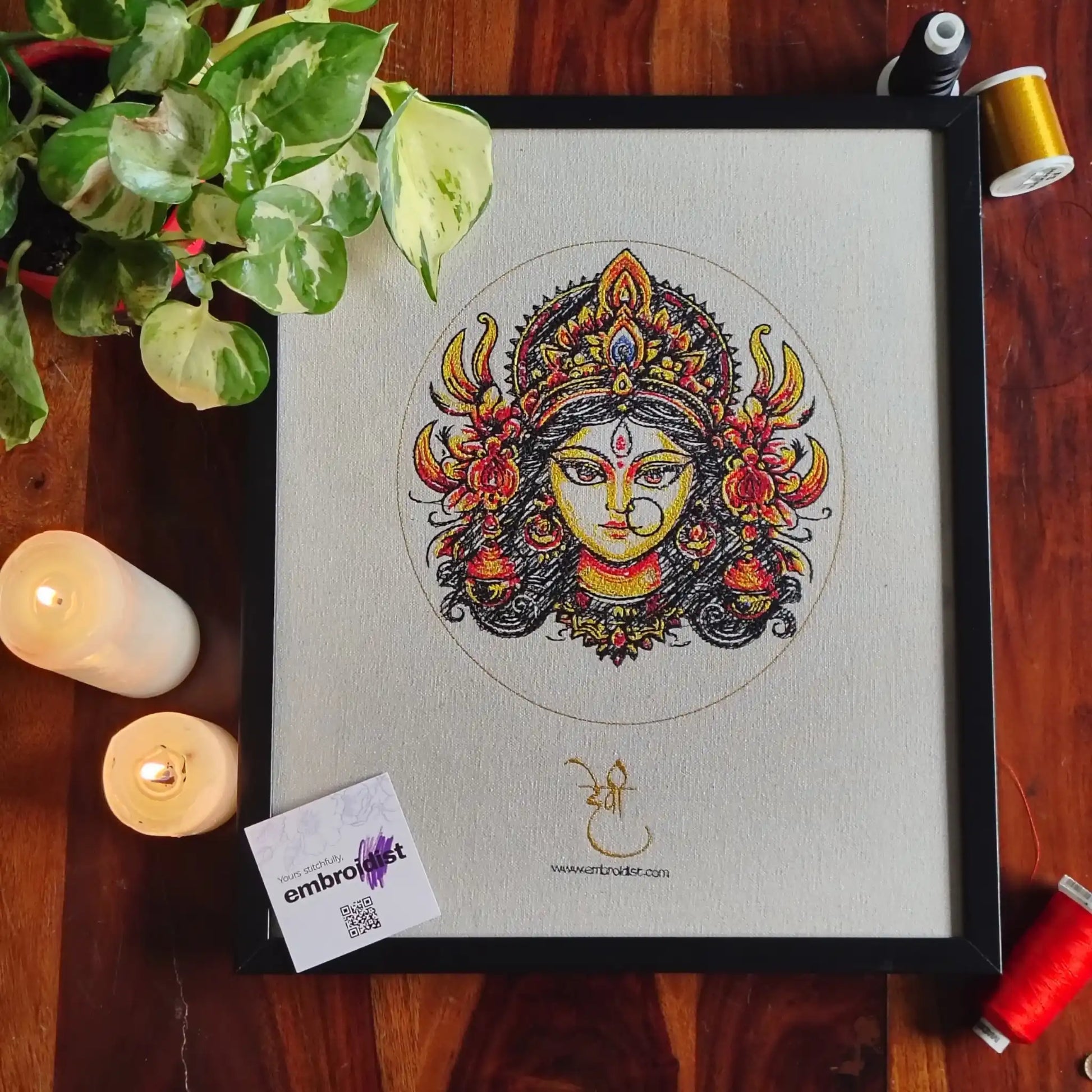 Durga Maa embroidered wall art lifestyle image — framed art in home setting by Embroidist
