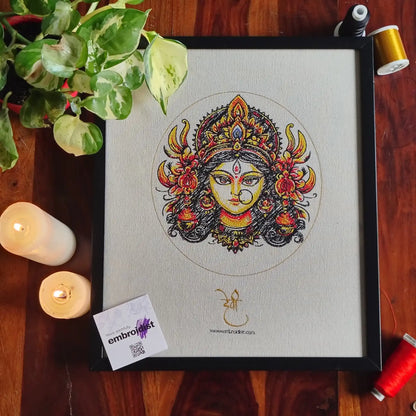 Durga Maa embroidered wall art lifestyle image — framed art in home setting by Embroidist