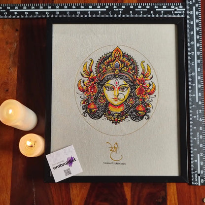 Framed Durga Maa embroidered wall art — 15.0x12.5 inch machine embroidery handcrafted in India by Embroidist