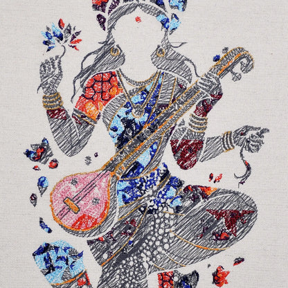 Close up of Maa Saraswati thread embroidery detail — spiritual wall art by Embroidist