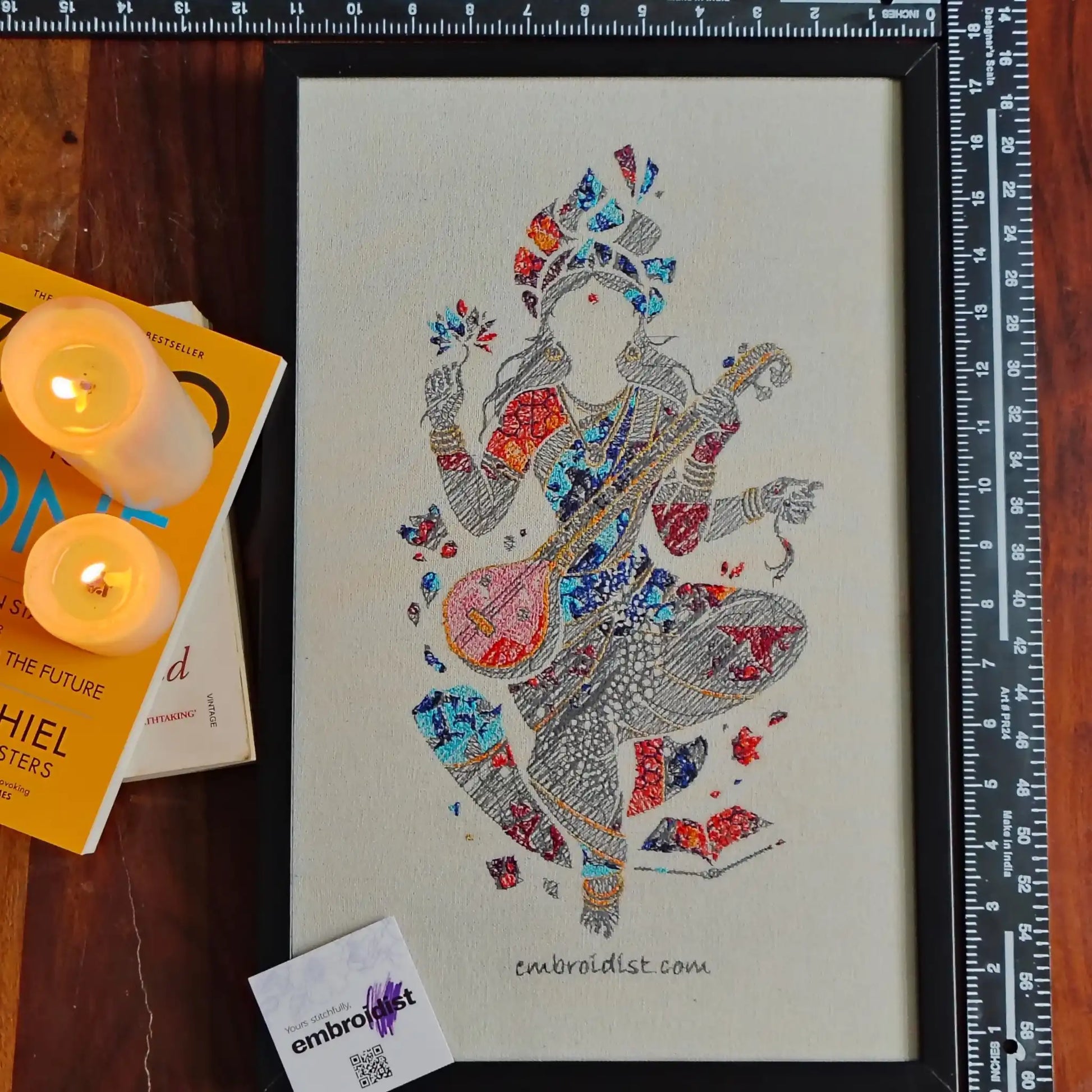 Framed Maa Saraswati embroidered wall art — 17.3x11.3 inch machine embroidery handcrafted in India by Embroidist