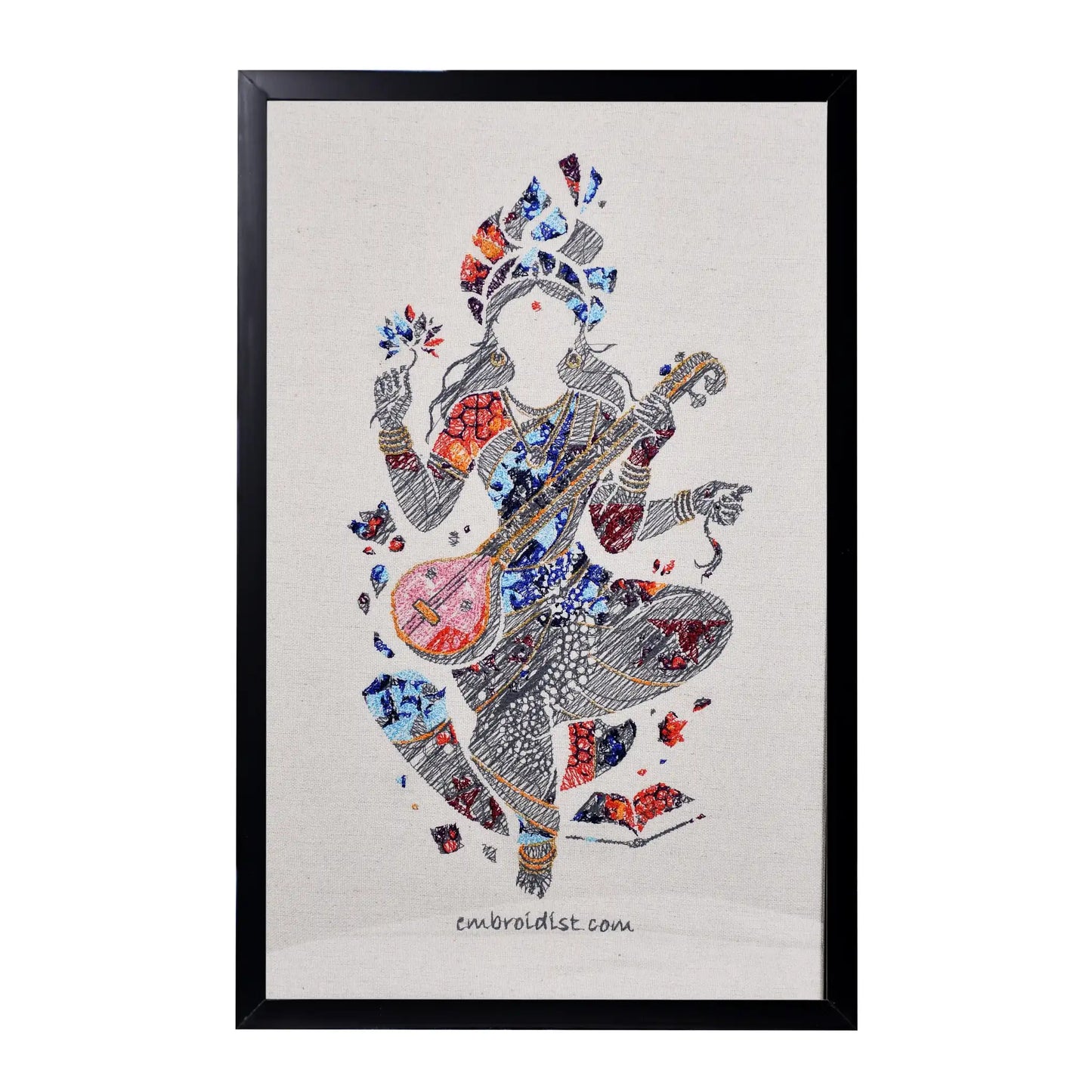 Machine embroidered Maa Saraswati wall art — 51,586 stitches on canvas by Embroidist