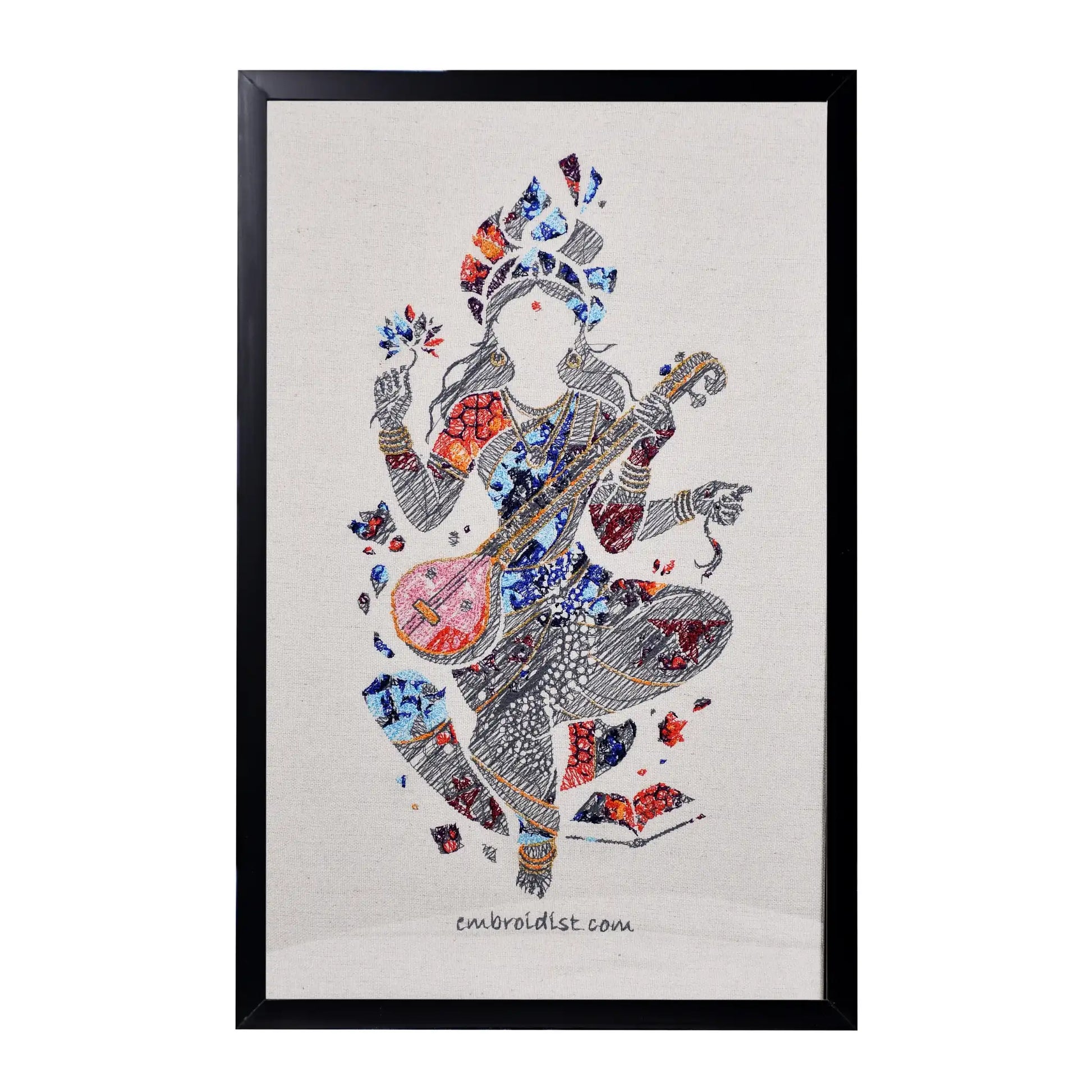 Machine embroidered Maa Saraswati wall art — 51,586 stitches on canvas by Embroidist