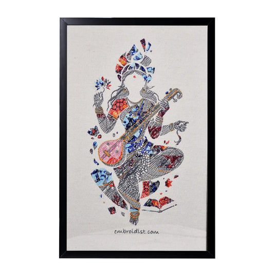 Machine embroidered Maa Saraswati wall art — 51,586 stitches on canvas by Embroidist