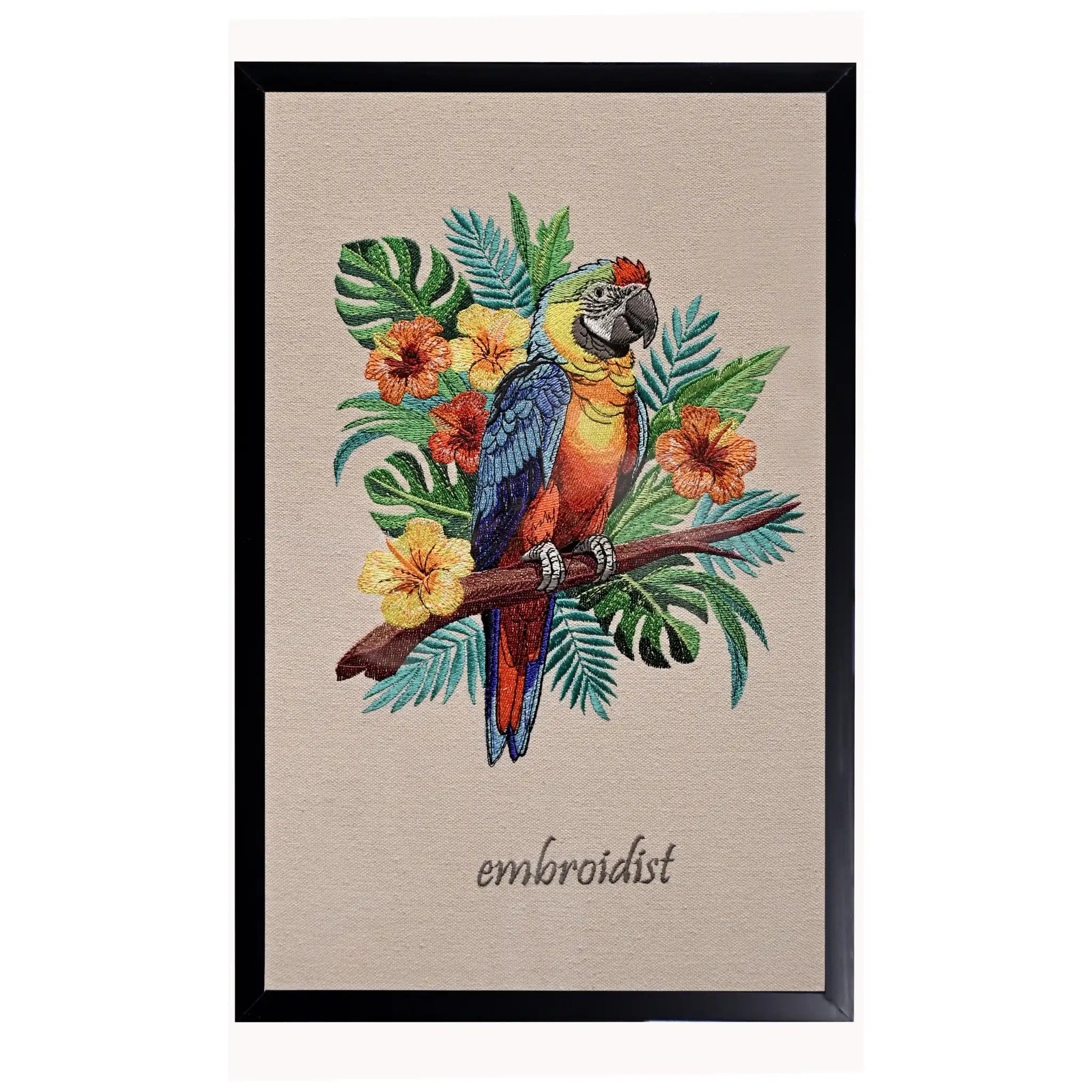 Machine embroidered macaw wall art — 76,897 stitches on canvas by Embroidist
