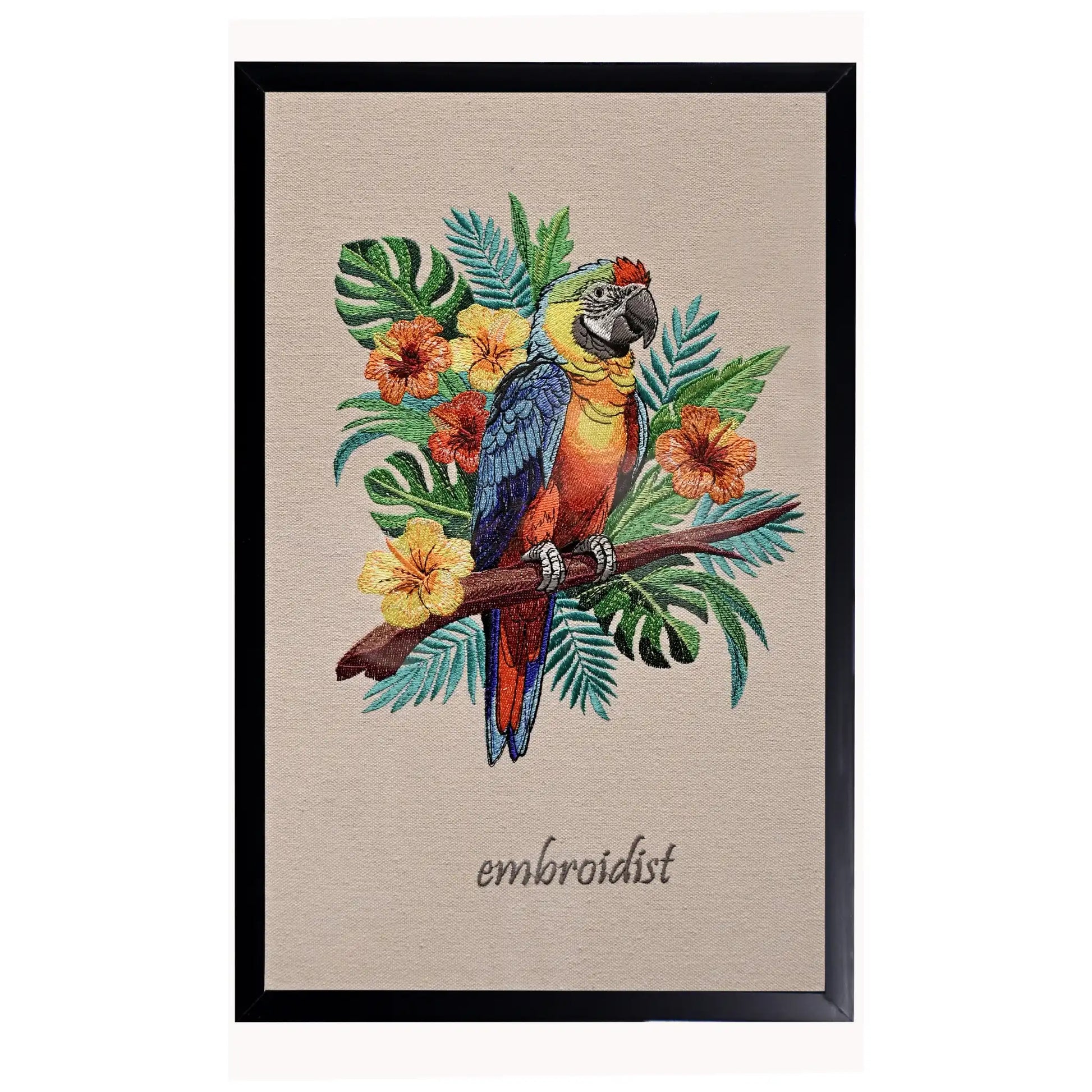 Machine embroidered macaw wall art — 76,897 stitches on canvas by Embroidist