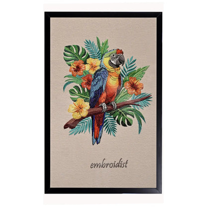Machine embroidered macaw wall art — 76,897 stitches on canvas by Embroidist