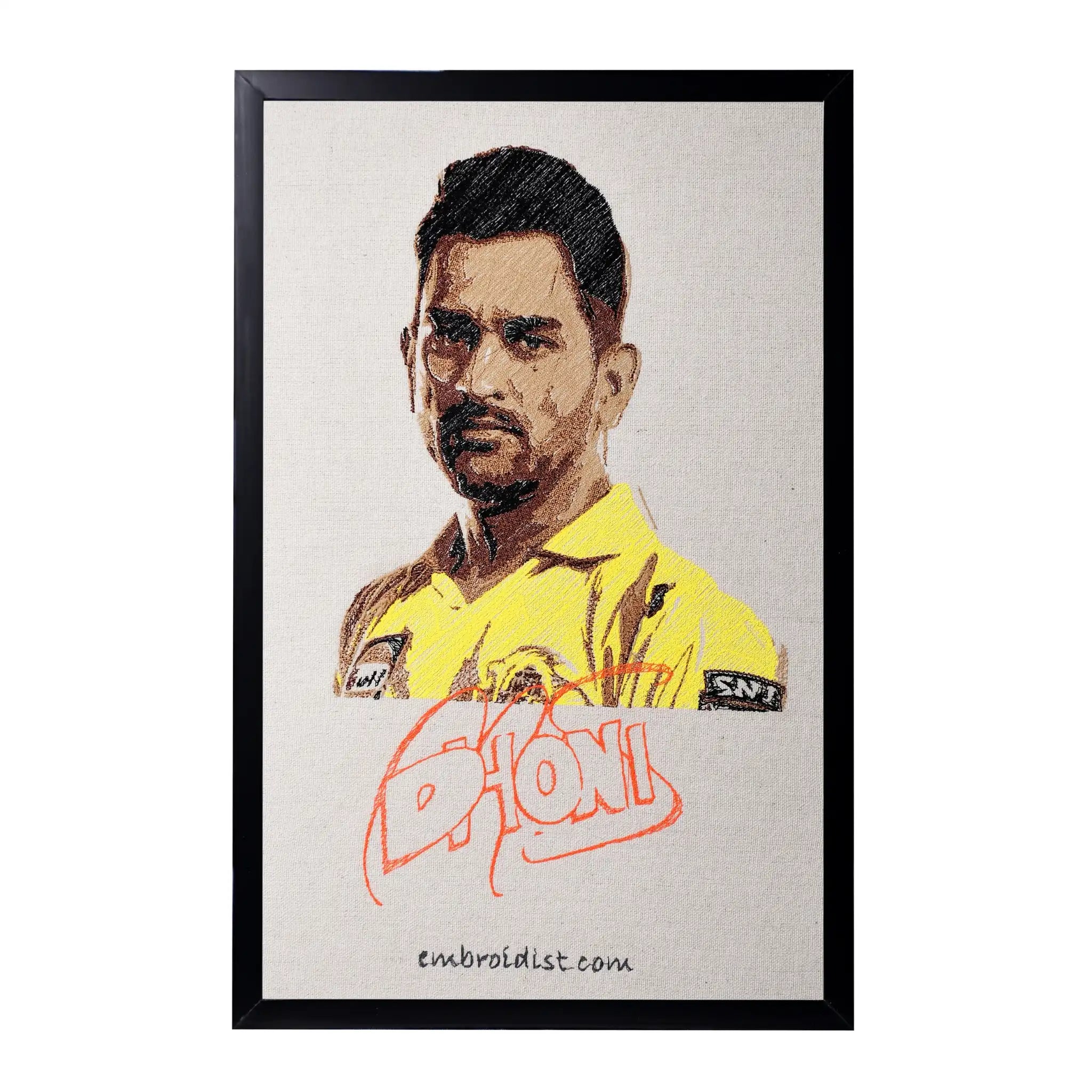 Machine embroidered MS Dhoni portrait wall art — 57,188 stitches on canvas by Embroidist