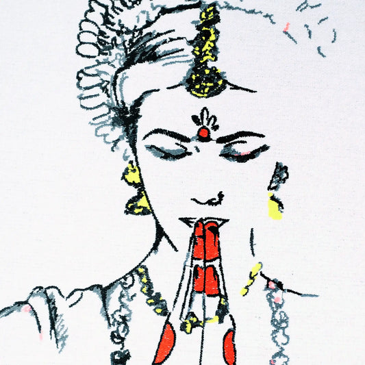 Close up of classical dance pose thread embroidery detail — wall art by Embroidist