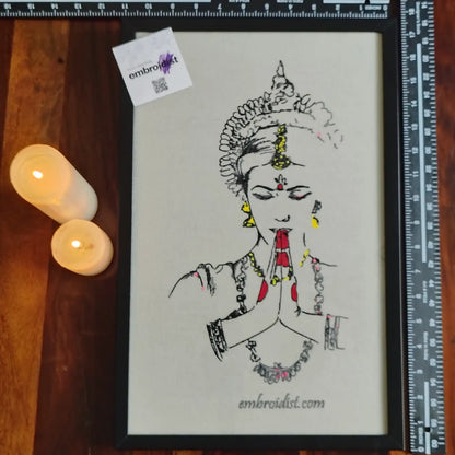 Framed Namaste classical dancer embroidered wall art — 17.3x11.3 inch machine embroidery handcrafted in India by Embroidist