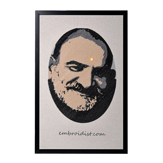 Machine embroidered Neem Karoli Baba portrait wall art — 87,558 stitches on canvas by Embroidist
