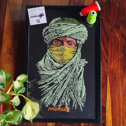 Nomad embroidered wall art lifestyle image — framed art in home setting by Embroidist