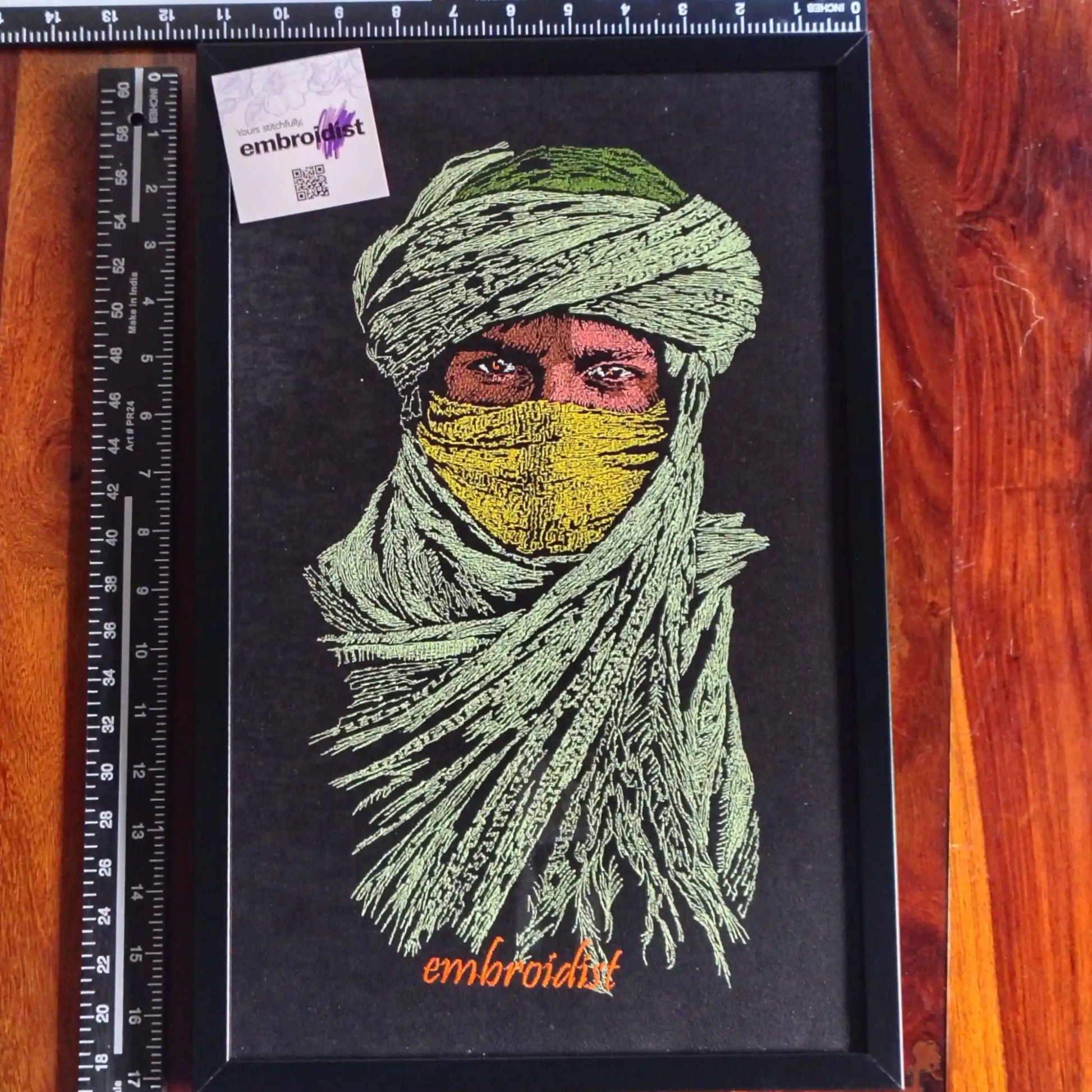 Framed Nomad embroidered wall art — 17.3x11.3 inch machine embroidery handcrafted in India by Embroidist