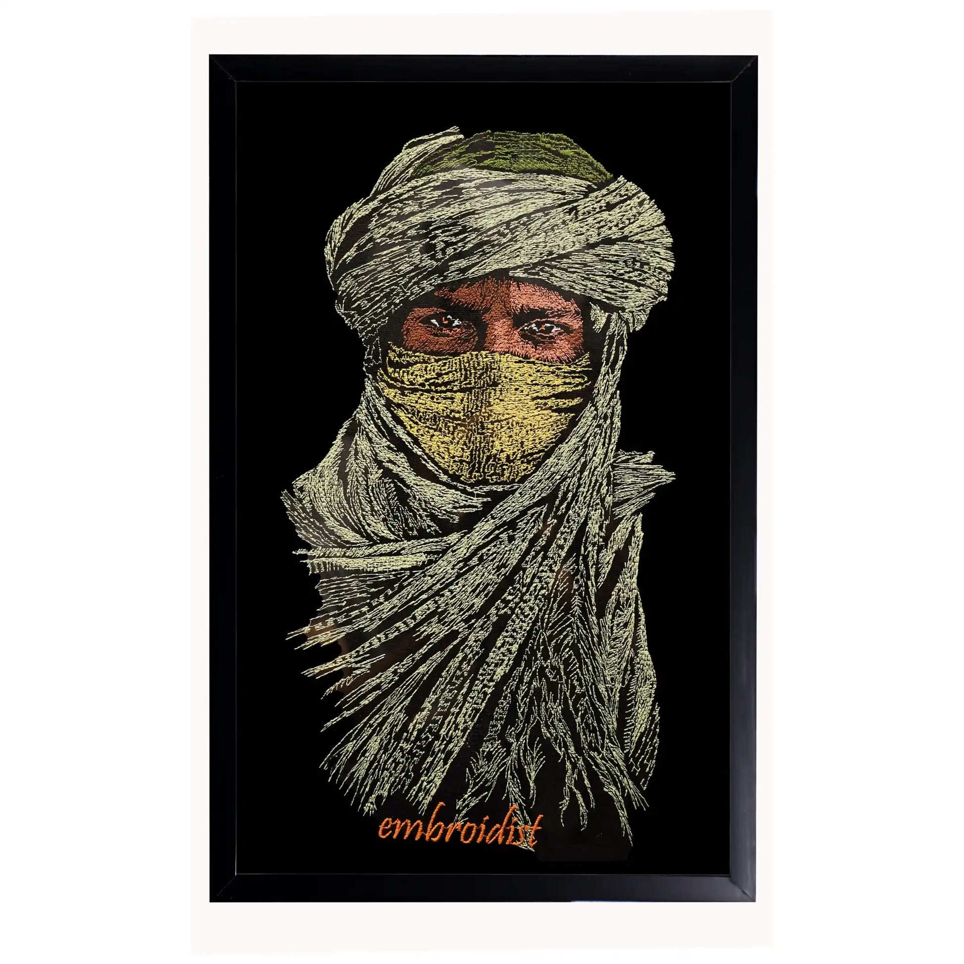 Machine embroidered Nomad wall art — 60,390 stitches on black canvas by Embroidist