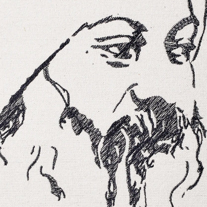 Close up of Osho thread embroidery portrait detail — spiritual wall art by Embroidist