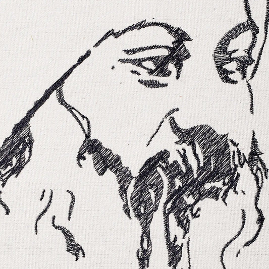 Close up of Osho thread embroidery portrait detail — spiritual wall art by Embroidist