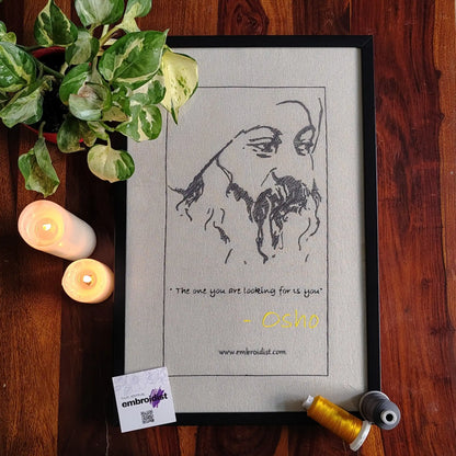 Osho embroidered wall art lifestyle image — framed art in home setting by Embroidist