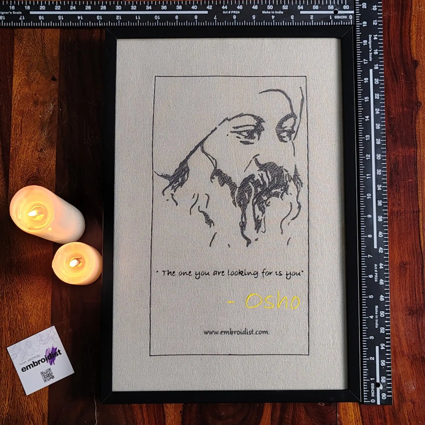 Framed Osho embroidered wall art — 18.3x12.3 inch machine embroidery handcrafted in India by Embroidist
