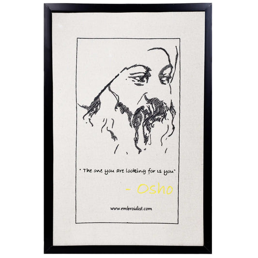 Machine embroidered Osho portrait wall art — 23,317 stitches on canvas by Embroidist