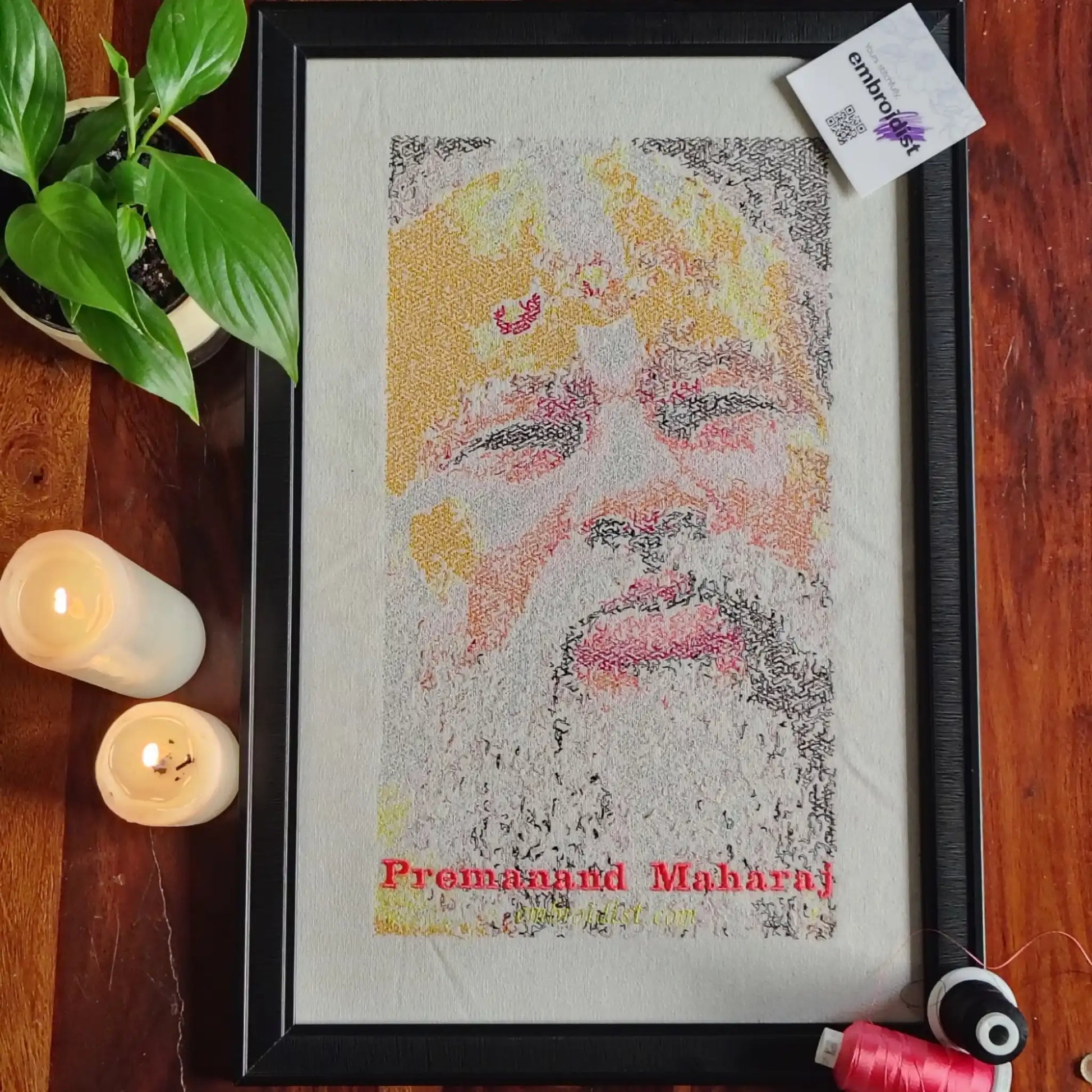Premanand Maharaj embroidered wall art lifestyle image — framed art in home setting by Embroidist