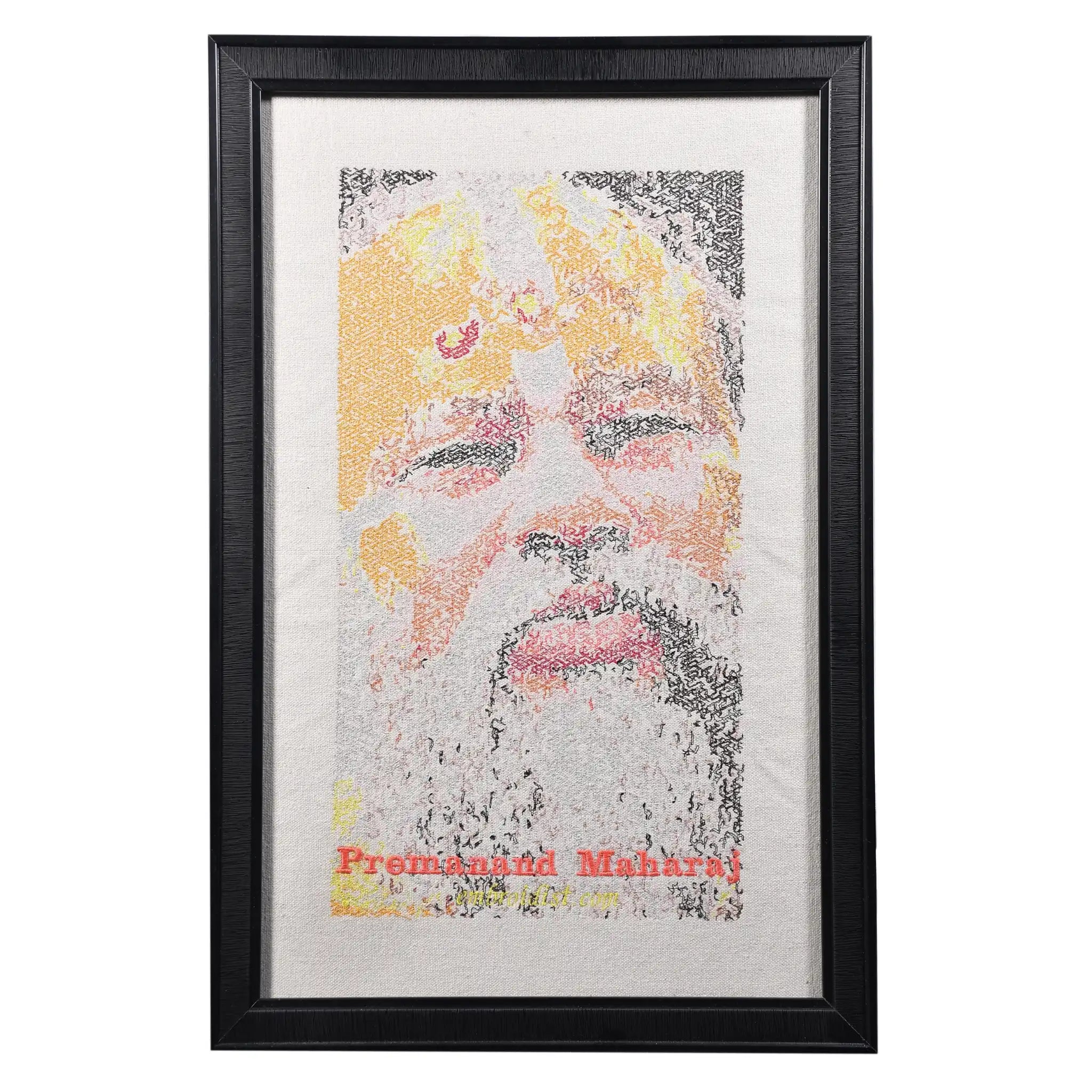 Machine embroidered Premanand Maharaj photostitch wall art — 1,21,765 stitches on canvas by Embroidist
