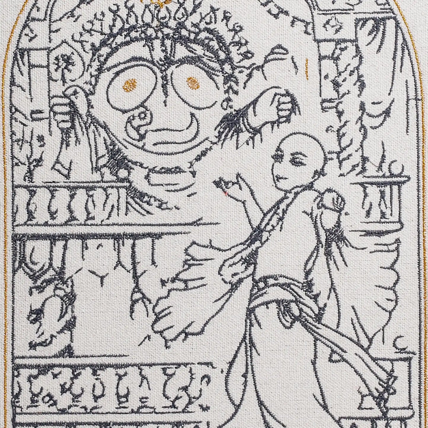 Close up of Lord Jagannath thread embroidery detail — spiritual wall art by Embroidist